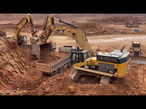 Caterpillar 365C Excavators Loading Mercedes & MAN Trucks With Little Help Of The Cat D6R Dozer