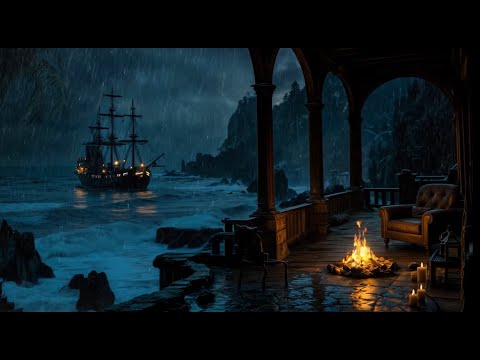 NO Ads 🌧️ Rain & Thunder, Crackling Fire Sounds on a Pirate Balcony by the Stormy Sea | White Noise