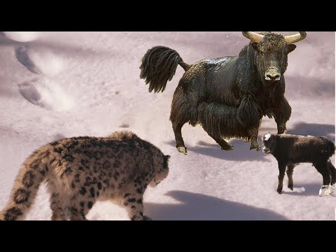 Buffalo Yak Sauve Bébé De La Chasse Au Léopard Des Neiges. Buffalo Vs Leopard Aniamals Sauvent Un
