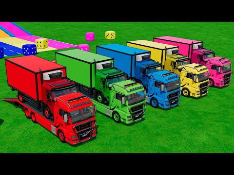 POLICE CARS OF COLORS TRANSPORTING & LOAD GIANT STRAWBERRY FROM COLORFUL RAMPS | FarmYA