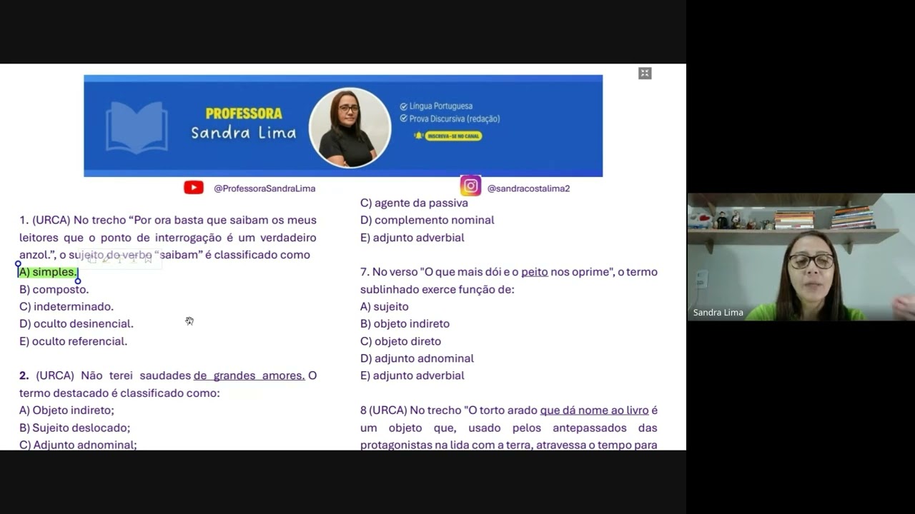 Resolução de questões da banca URCA sobre as funções dos termos da oração
