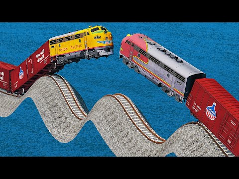 Train vs Train vs Impossible Wave Track Crossing Deepwater - BeamNG.Drive