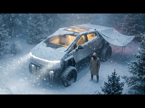 Wintercamping bei Schnee und Regen24 Stunden in einem Tesla Cybertruck