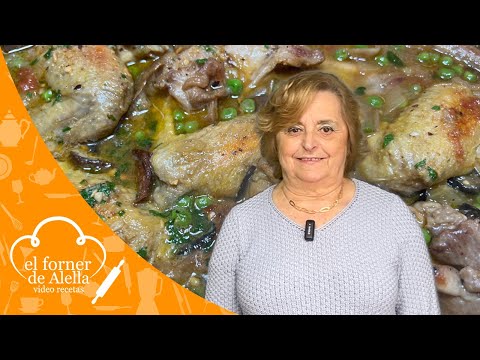 Conejo y pollo con guisantes y setas