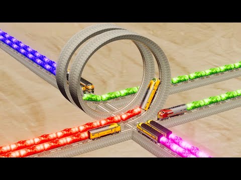 Impossible Side By Side Double Loop Rail Track Vs Multiple Train Crossing  -BeamNG.Drive