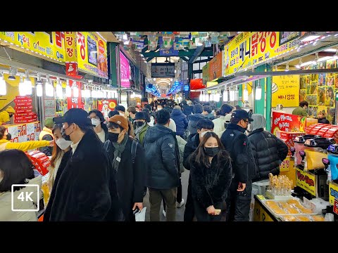 [4K] Caminhando no mercado Gangneung Jungang, comidas de rua coreanas no mercado tradicional | 강릉중앙시장