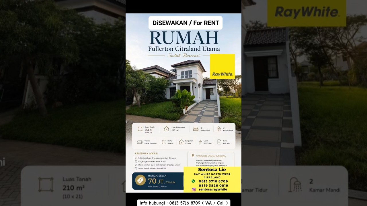 Murah Disewakan Rumah Citraland Fullerton Place Surabaya Barat Dekat Gwalk Ciitraland, Sekolah Ciputra , Uc