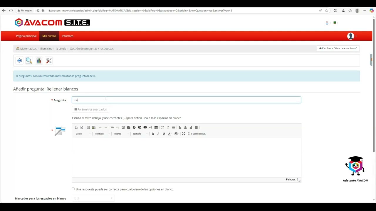4.3.3 Crear un ejercicio con opción de rellenar espacios en la plataforma AVACOM SITE - Quindío