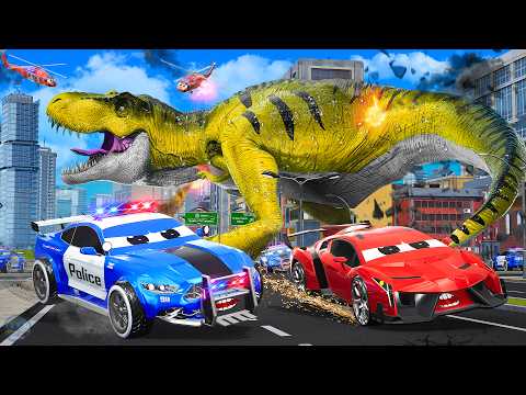 Dinosaur Attack on Cars: Giant T-Rex Destroys City | Monster Trucks, Police Cars Rescue Compilation