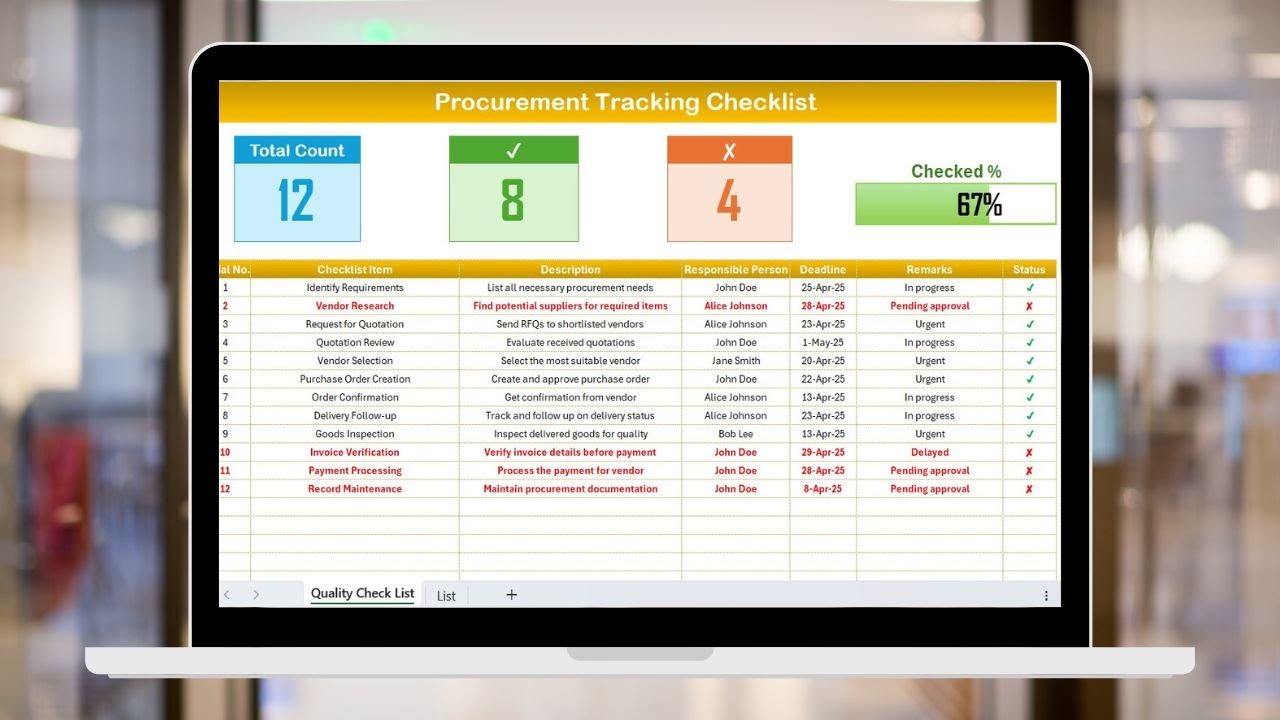 Procurement Tracking Checklist in Excel
