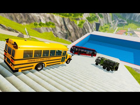 Heavy Vehicle Stairs Jumps Down In Pool - BeamNG.drive Down Stairs Jumps In Pool