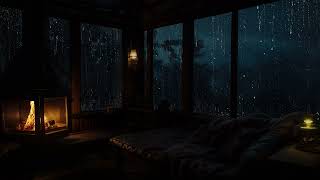 Soothing Rainfall & Fireplace Sounds in Cabin Night Ambience for Sleep and Relaxation