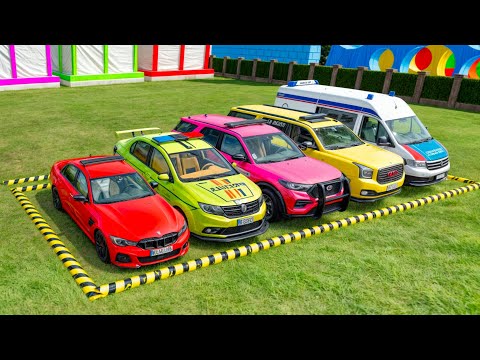 TRANSPORTING PIXAR CARS & FRUITS WITH COLORED & JOHN DEERE vs CLAAS vs TRACTORS - BeamNG.drive #58