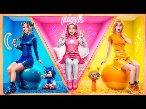 We Built a Secret Room at School! Pink vs. Yellow vs. Blue! One Color Challenge!