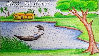 How to draw a scenery of rainy season step by step