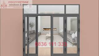 Cửa đi mở quay 4 cánh nhôm Xingfa Quảng Đông tem đỏ màu xám ghi bản lề 4D