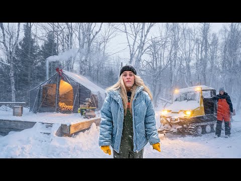 CRAZY Blizzard! Grooming Trails w/ Heavy Equipment, Demolishing Buildings & Hot Tent Camping 