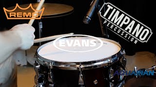 Video thumbnail for Aquarian vs Evans vs Remo: 62 heads - ULTIMATE Snare Head Comparison - Timpano Percussion by Timpano-percussion