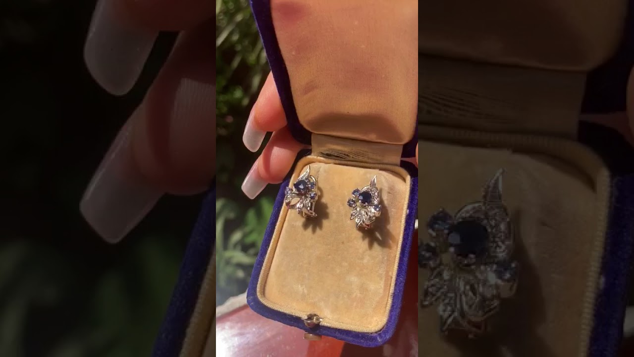 Vintage Antique Palladium natural Sapphire diamond stud omega back earrings