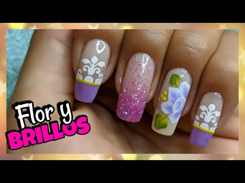 DECORACIÓN DE UÑAS Flor blanca y lila + Glitter | FLOWER NAILART ♥ NailArt By Andy