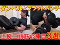 【自宅トレ】ダンベルとフラットベンチで上腕二頭筋を鍛える方法3選！ストレッチ種目、収縮種目、トライセットの解説＆実演