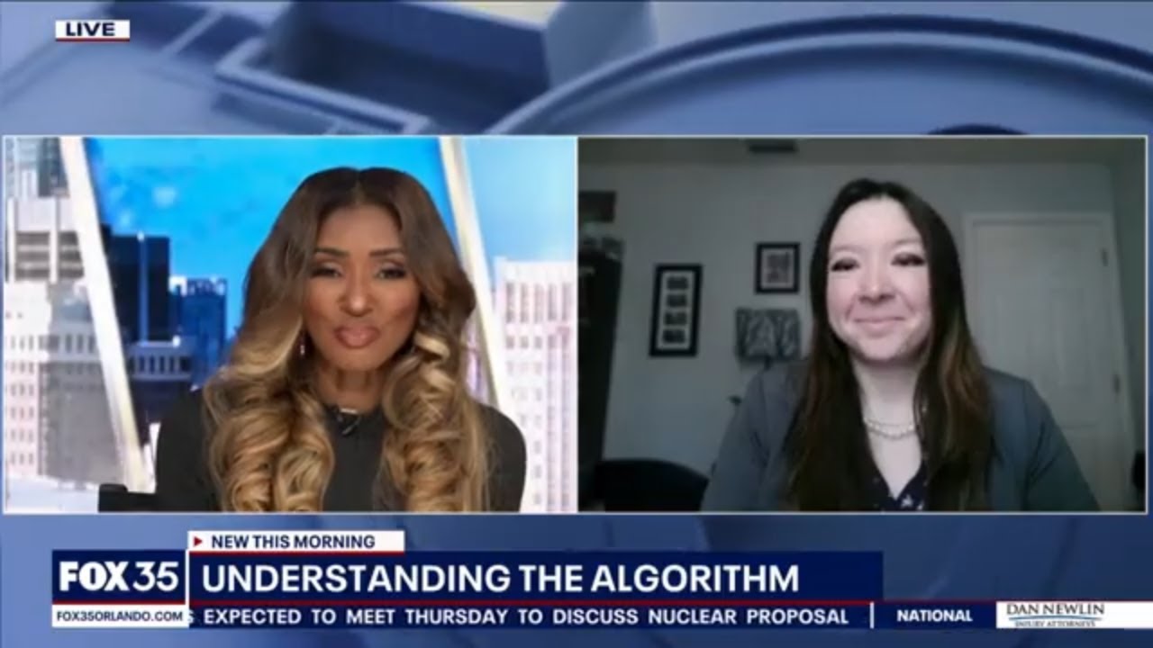 Split screen with Rachel Winter and the anchorwoman, Danielle Knox