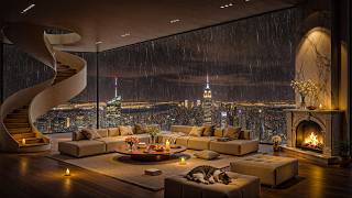 Luxury Penthouse Jazz 🌧️ Rainy New York Night & Warm Fireplace Ambience 🔥
