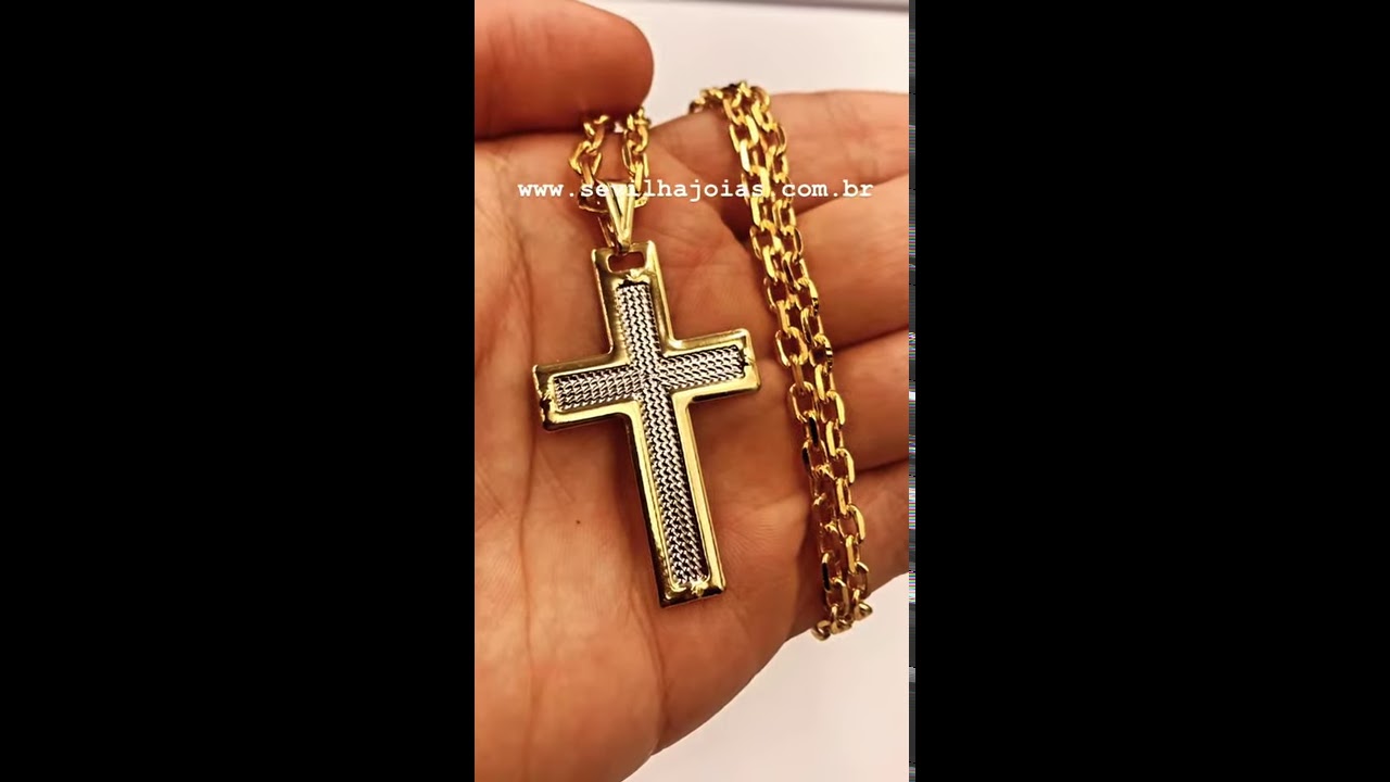Corrente masculina cadeado e Pingente crucifixo banhado ouro 18K e ouro branco