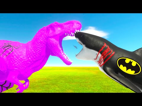 PINK SPIDERMAN T-REX vs BATMAN SHARK DEATH RUN  - Animal Revolt Battle Simulator
