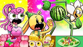 [Animation] Pink ,Yellow,Green Food Eating Challenge! Bunzo Bunny, Daisy, Mommy Long Legs Mukbang!
