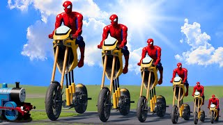 Big & Small High Spiderman on a motorcycle vs Trains | BeamNG.Drive