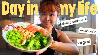 WHAT I ATE IN A DAY (VEGAN) 🌱 simple life with dogs, cheap self care ideas, groceries & little joys