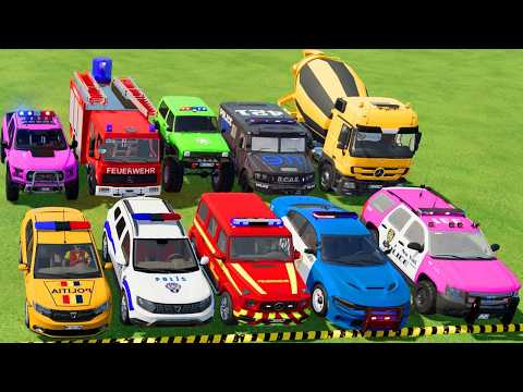 TRANSPORTING POLICE CARS, AMBULANCE, FIRE TRUCK, COLORFUL CARS WITH TRUCK -FARMING SIMULATOR 22!