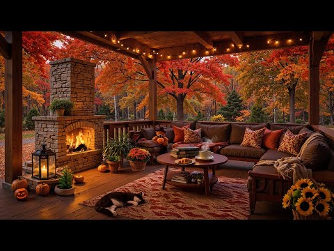 Peaceful Autumn Space on the Porch 🍂 Tranquil September Jazz Music & Fireplace Sounds for Comfort