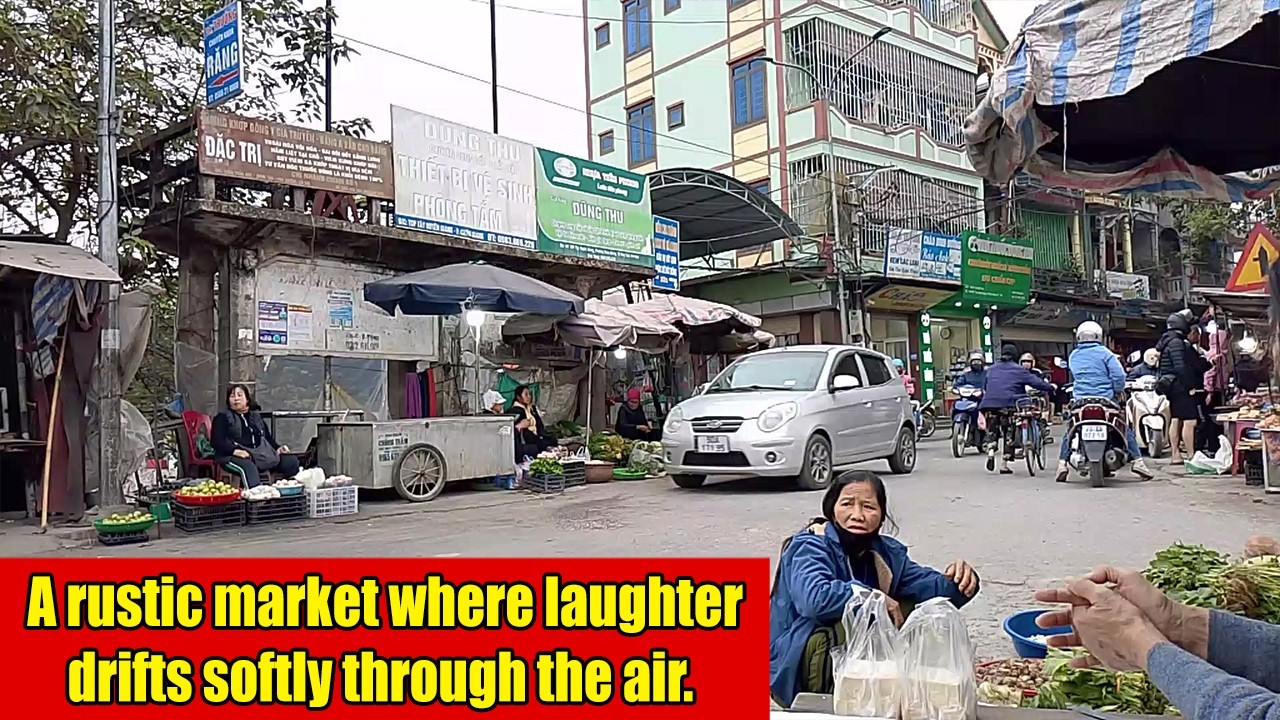 A rustic market where laughter drifts softly through the air.