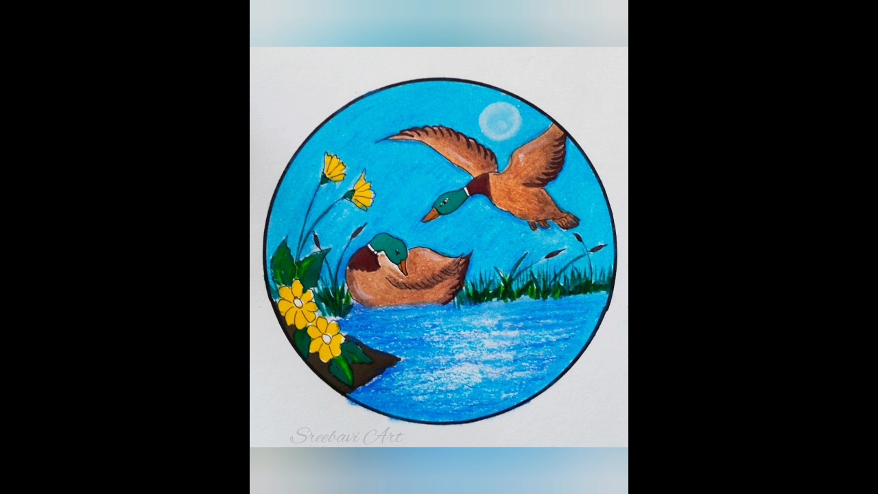 Beautiful Scenery Drawing with Ducks... @sreebaviart #beautiful #scenery #drawing #coloring