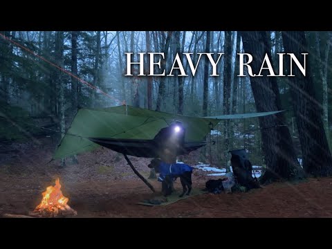Solo Hammock Camping in Heavy Rain - Tarp Shelter Overnight