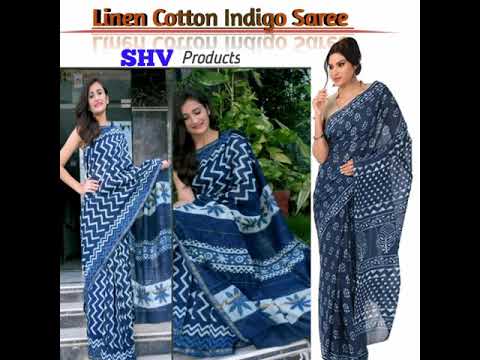 SHV | Linen indigo Bagru Print Saree with blouse || Tirupati Handlooms ||