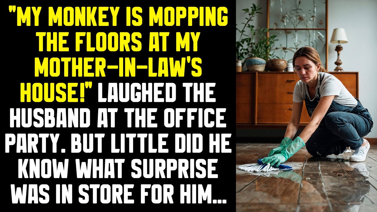 "My monkey is mopping the floors at my mother-in-law's house!" laughed the husband at the party