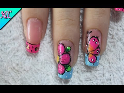 DISEÑO DE UÑAS MARIPOSA Y FLOR PRINCIPIANTES – BUTTERFLY NAIL ART – FRENCH NAIL ART – NLC
