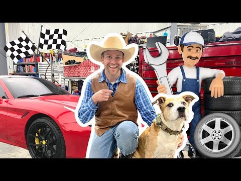 Man in a cowboy hat and vest kneels beside a large dog in a garage setting with a red sports car and racing checkered flags in the background.