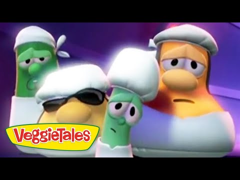 Three VeggieTales characters in chef outfits look surprised against a purple backdrop, with the VeggieTales logo in the bottom-left corner.