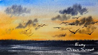 Easy Ocean Sunset in Watercolor / Soft & Relaxing Painting