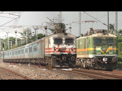 FASTEST PASSENGER LOCOMOTIVE WAP-5 CHASING FREIGHT TRAIN || BACK TO BACK FASTEST TRAIN ACTION