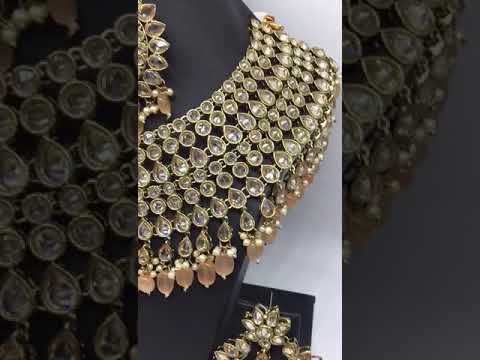 Golden brass kundan jewellery polki choker and bridal set-45