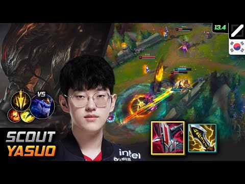 Scout Mid Yasuo Build Immortal Shieldbow Lethal Tempo - Scout Yasuo Match Highlight - LOL KR 13.4