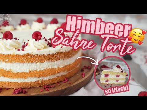 Kikis Himbeersahnetorte so lecker & frisch mit fluffigem Vanillebiskuit & Himbeerpüree 😍