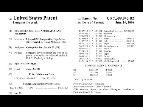 U.S. Patent No. 7389845 Machine Control Apparatus and Method