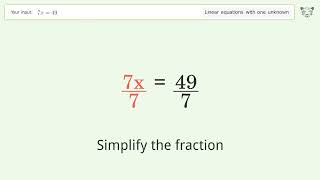 Linear equation with one unknown: Solve 7x=49 step-by-step solution