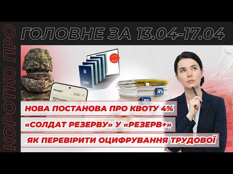 відео прев’ю для Нова постанова про квоту 4%, «Солдат резерву» в «Резерв+», записи про навчання у трудовій та чинність паперового ВОД. Коротко про головне за тиждень 13.04–17.04.2026
